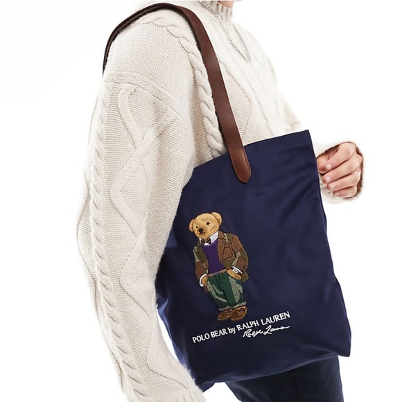 NEW Polo Ralph Lauren Polo Bear American flag sweater Navy Tote Bag - Picture 2 of 13